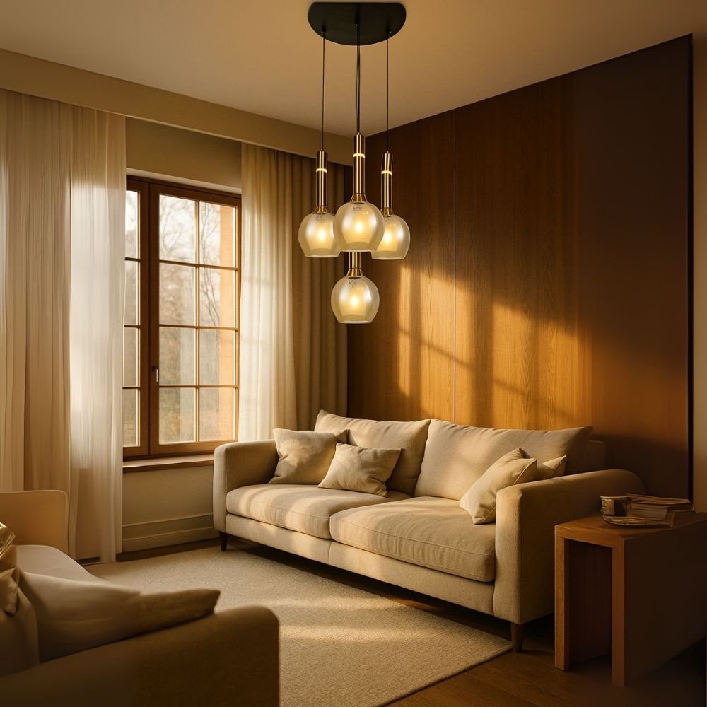 Elegant Amber/Smoke Grey Glass Hanging Lamp - Stylish Black Antique Gold 4-Light Fixture