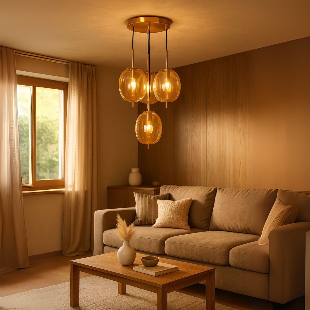 Classic Amber/Smoke Grey Glass Chandelier - Elegant Antique Gold 4-Light Ceiling Pendant