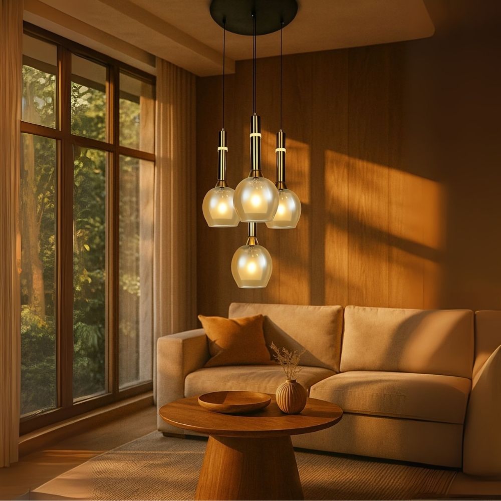 Elegant Amber/Smoke Grey Glass Hanging Lamp - Stylish Black Antique Gold 4-Light Fixture