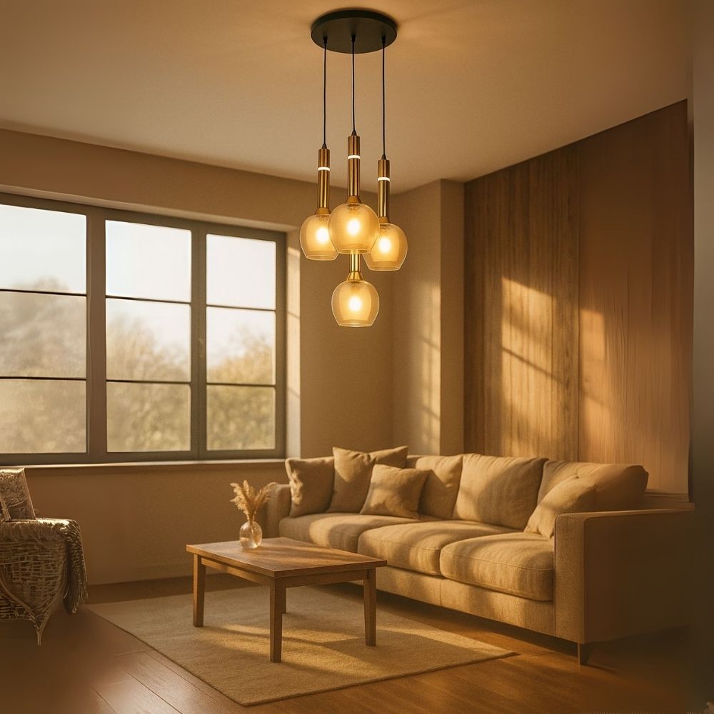 Elegant Amber/Smoke Grey Glass Hanging Lamp - Stylish Black Antique Gold 4-Light Fixture