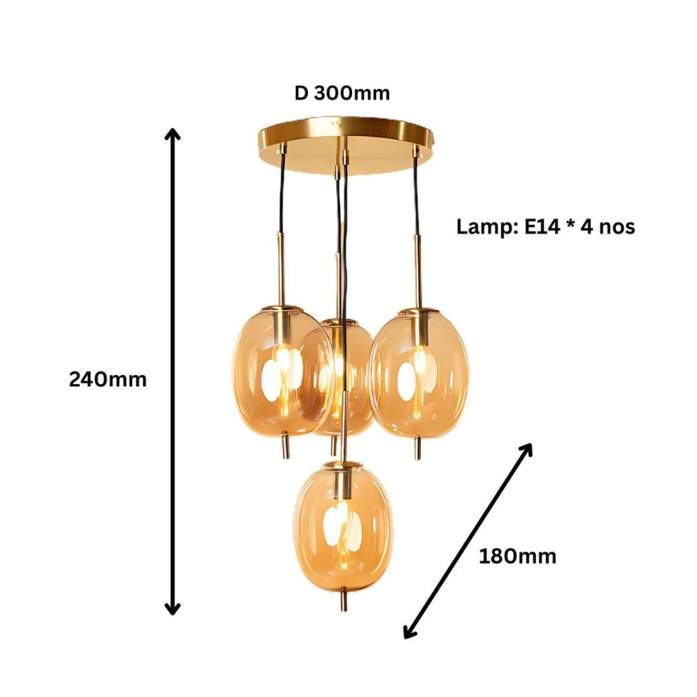 Classic Amber/Smoke Grey Glass Chandelier - Elegant Antique Gold 4-Light Ceiling Pendant
