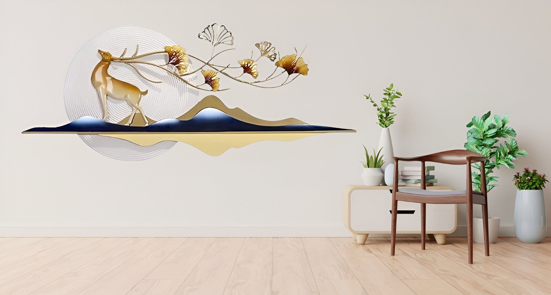 Elegant 3D Metal Wall Art – Golden Deer & Nature Scene