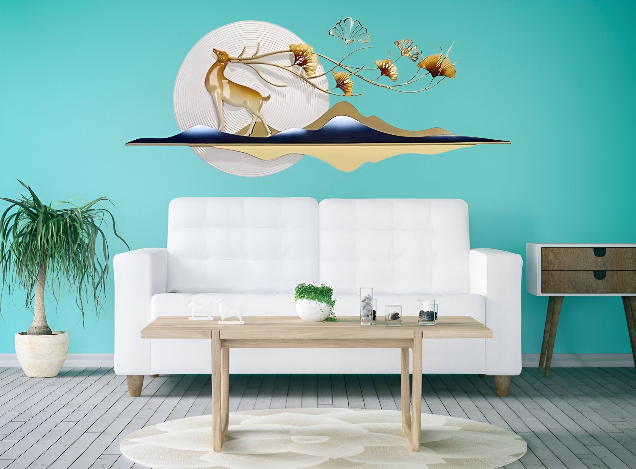 Elegant 3D Metal Wall Art – Golden Deer & Nature Scene