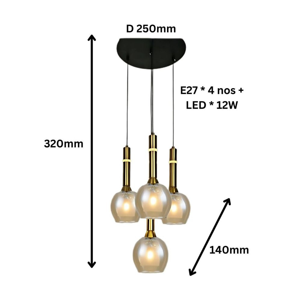 Elegant Amber/Smoke Grey Glass Hanging Lamp - Stylish Black Antique Gold 4-Light Fixture