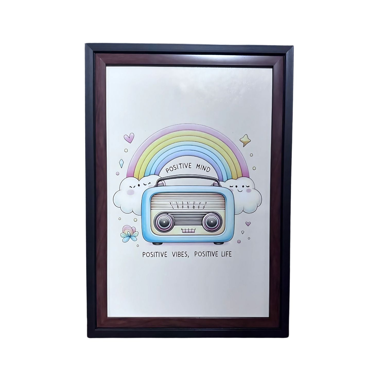 Colorful Rainbow Wall Art With Cute Radio – Positive Vibes Decor Print