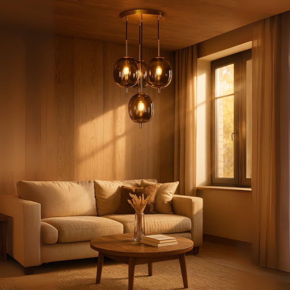 Classic Amber/Smoke Grey Glass Chandelier - Elegant Antique Gold 4-Light Ceiling Pendant