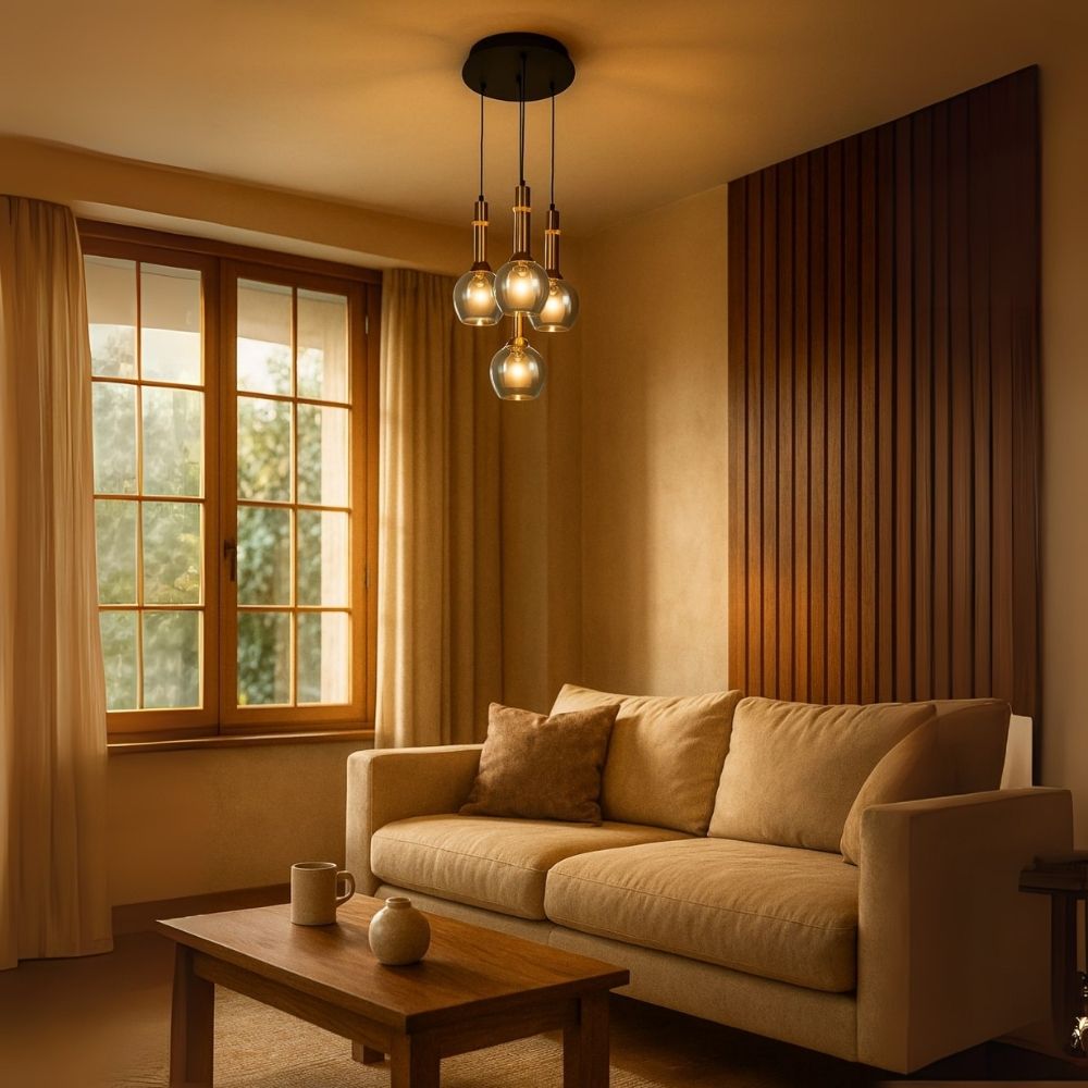 Elegant Amber/Smoke Grey Glass Hanging Lamp - Stylish Black Antique Gold 4-Light Fixture