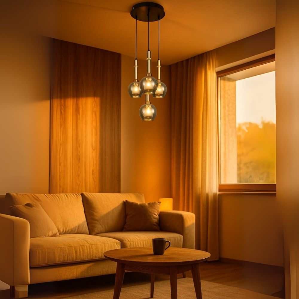 Elegant Amber/Smoke Grey Glass Hanging Lamp - Stylish Black Antique Gold 4-Light Fixture