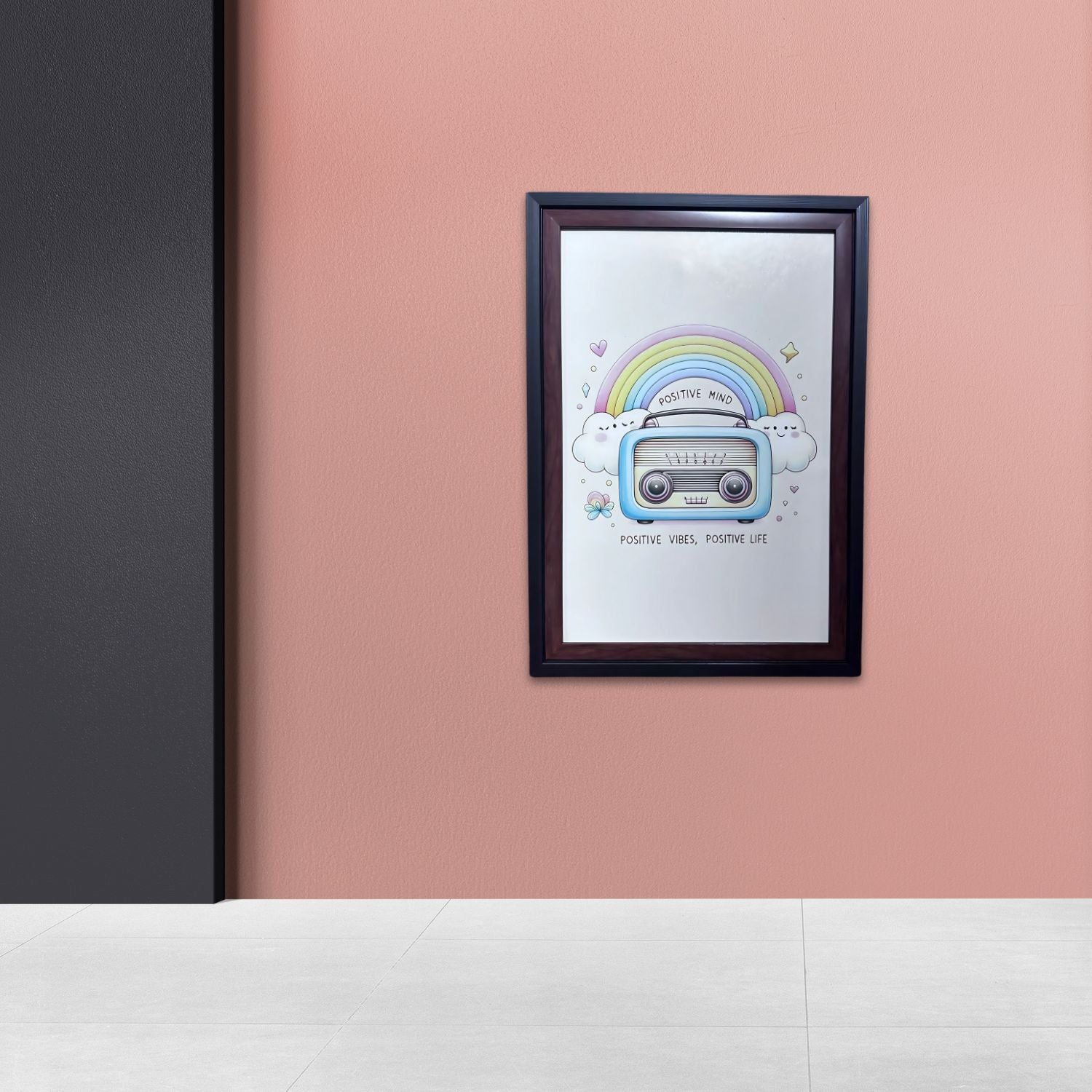 Colorful Rainbow Wall Art With Cute Radio – Positive Vibes Decor Print