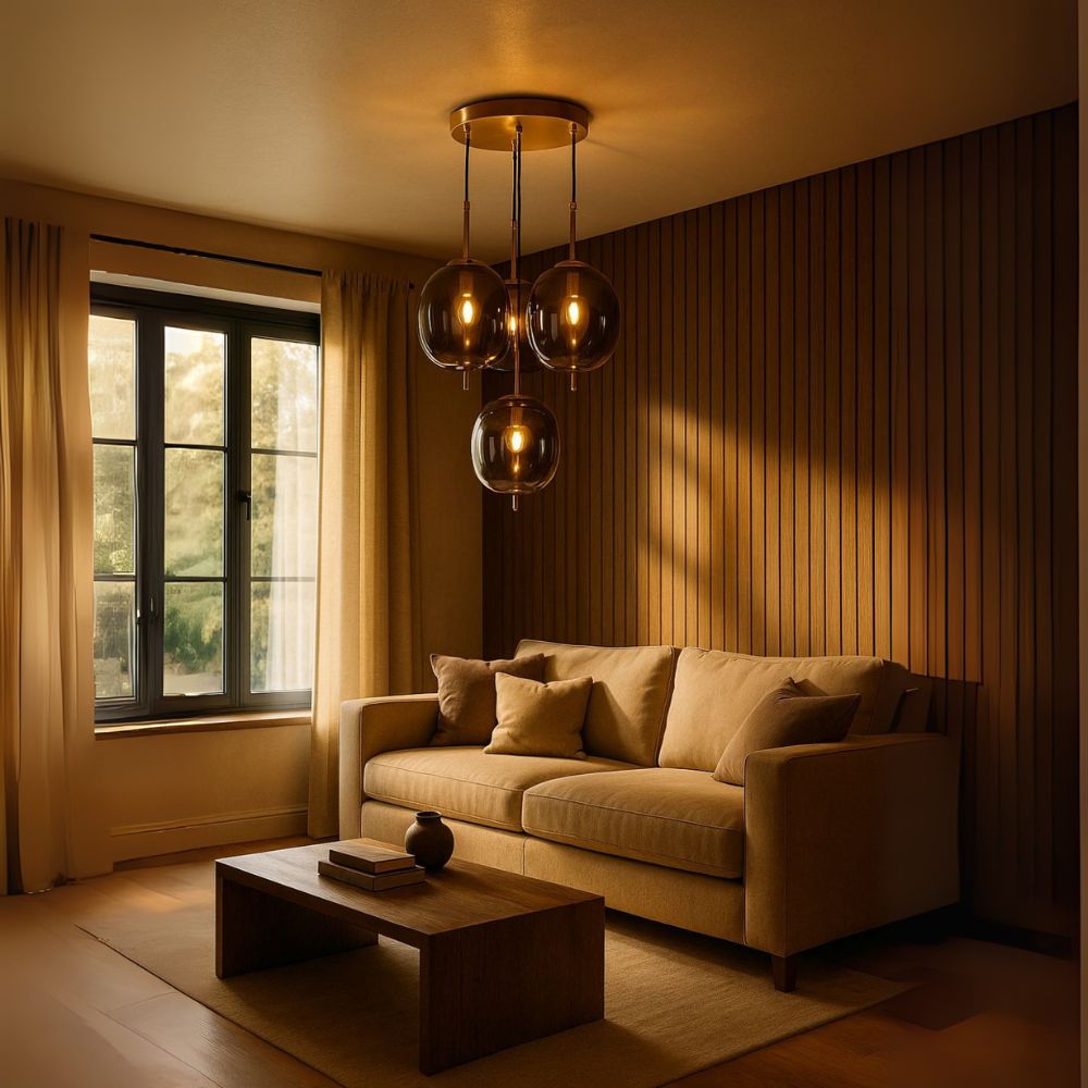 Classic Amber/Smoke Grey Glass Chandelier - Elegant Antique Gold 4-Light Ceiling Pendant