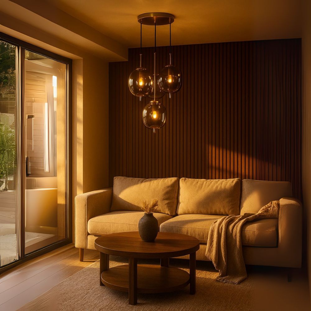 Classic Amber/Smoke Grey Glass Chandelier - Elegant Antique Gold 4-Light Ceiling Pendant