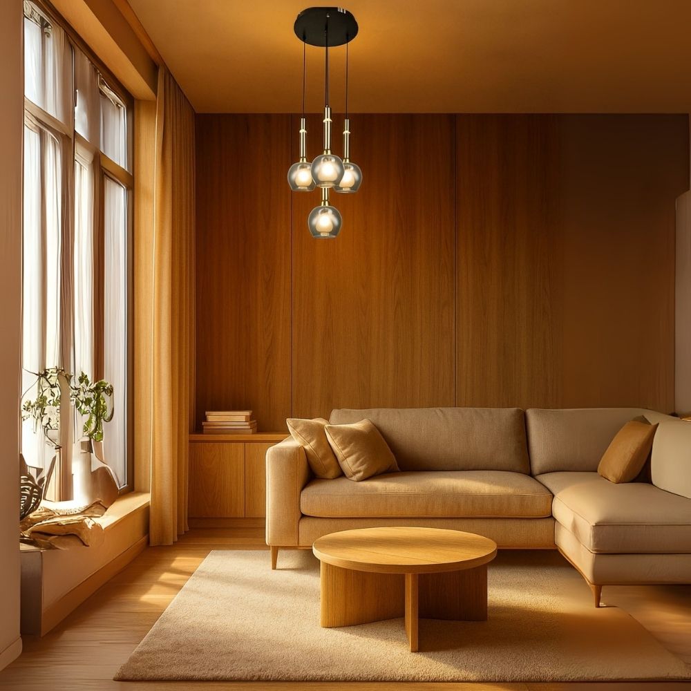 Elegant Amber/Smoke Grey Glass Hanging Lamp - Stylish Black Antique Gold 4-Light Fixture