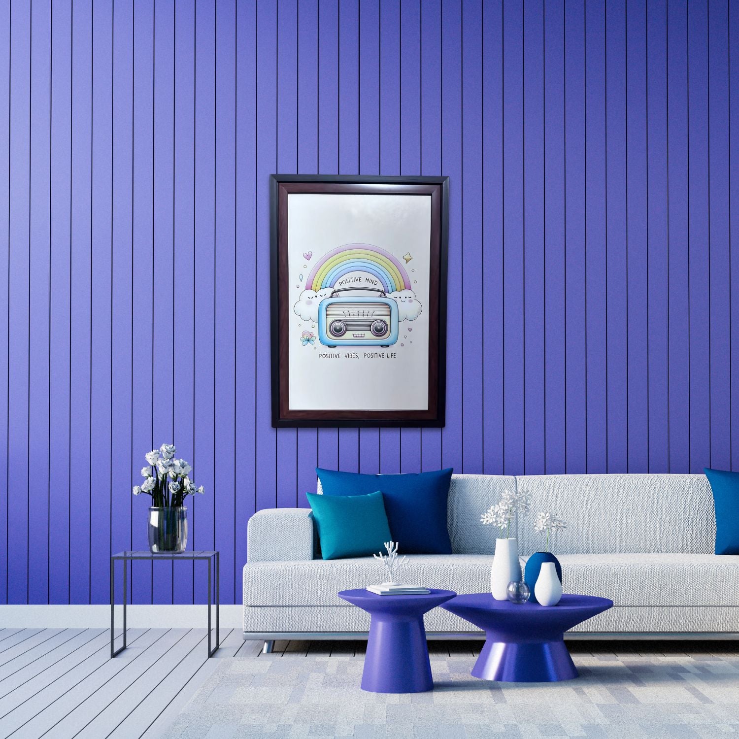 Colorful Rainbow Wall Art With Cute Radio – Positive Vibes Decor Print