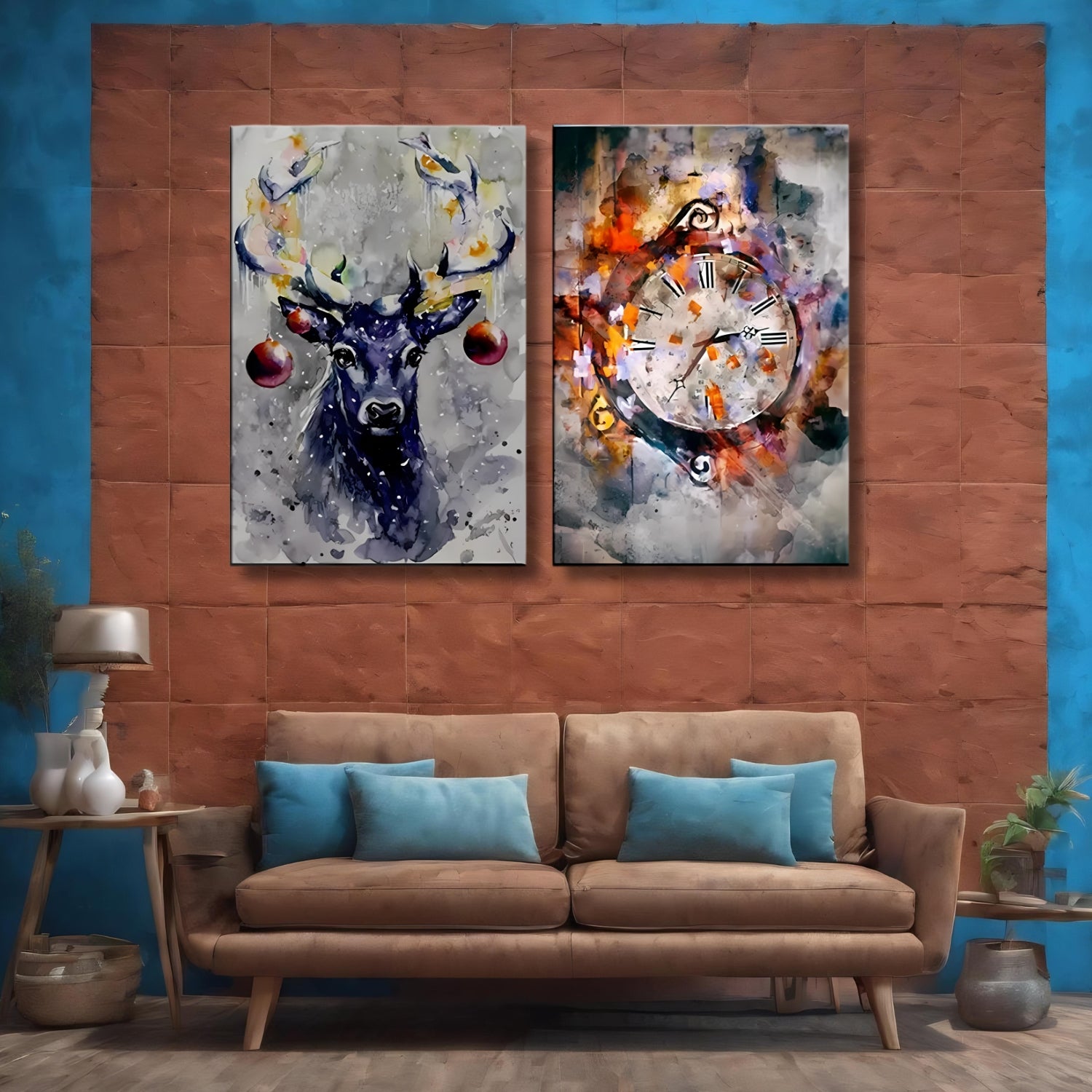 Vibrant Deer and Clock Abstract Wall Art Set on Canvas Frame