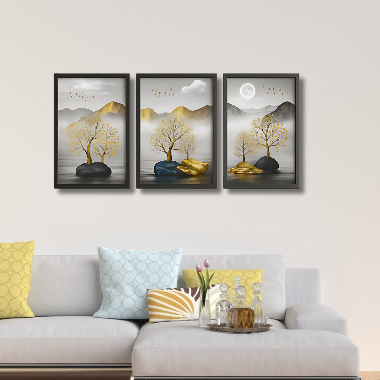 Elegant Golden Tree Landscape Canvas Wall Art Set With Mountain View