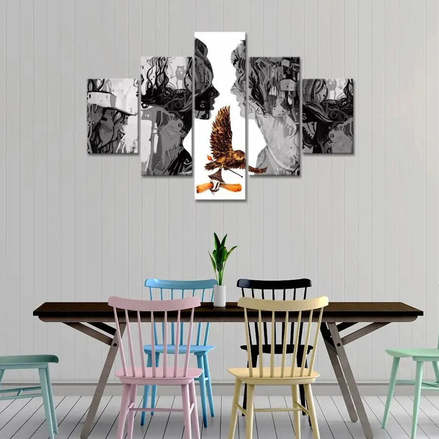 Romantic Abstract Couple 5-Panels Wall Art With Flying Owl