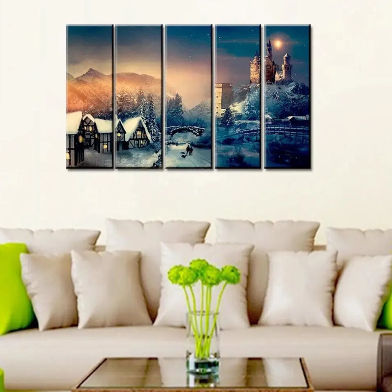 Enchanted Winter Village 5-Panel Wall Art - Christmas Castle Canvas With Wooden Frame