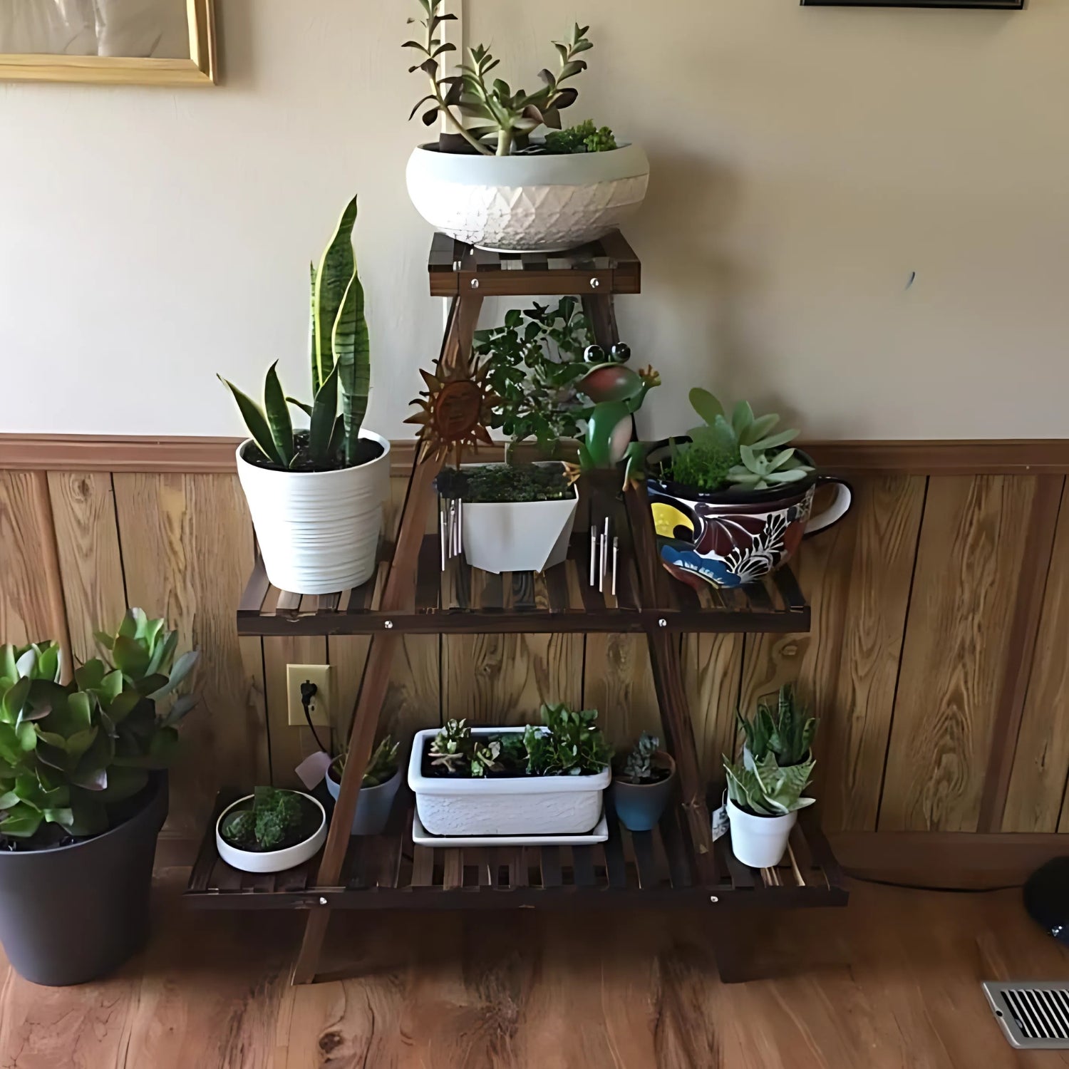 Elegant Wooden Triangular Multi-Tier Plant Stand For Indoor Outdoor Display