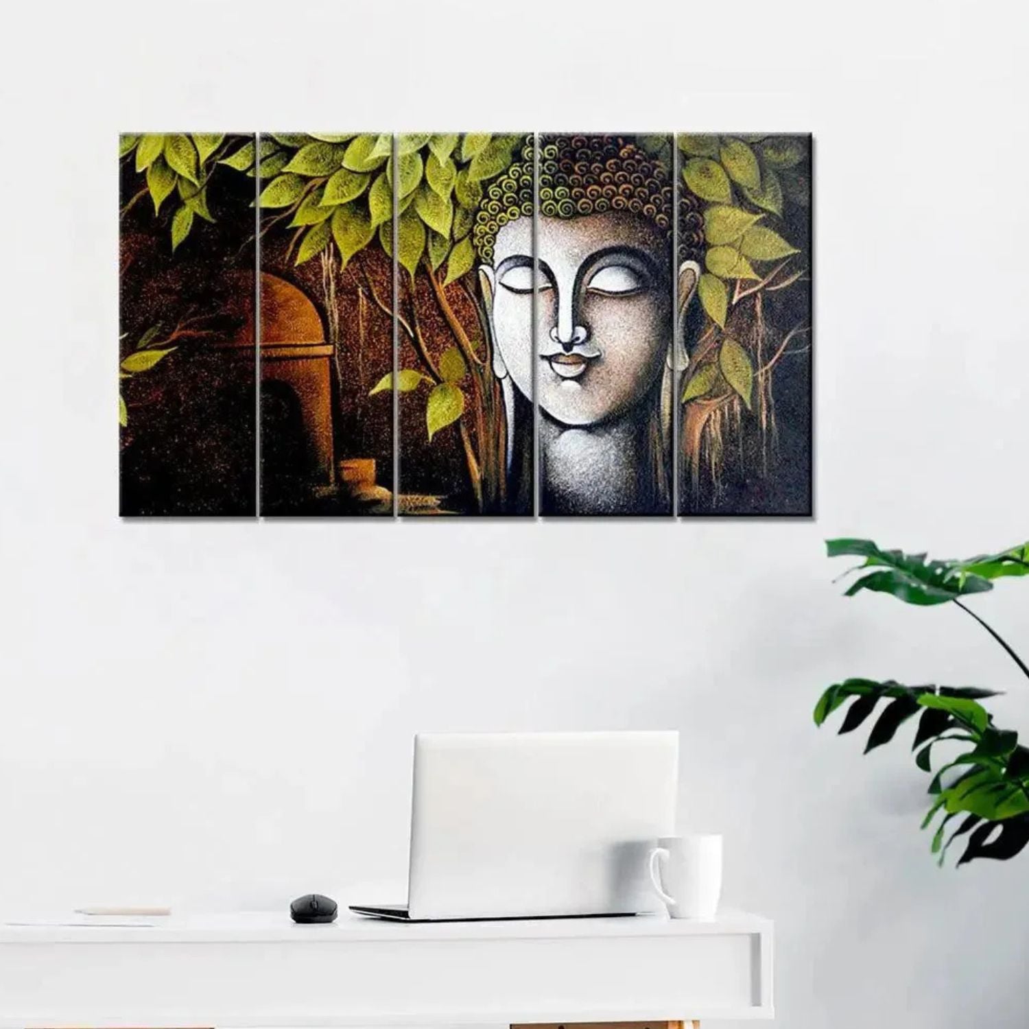 Gautam Buddha Serenity Under Tree 5-Panel Canvas Wall Art