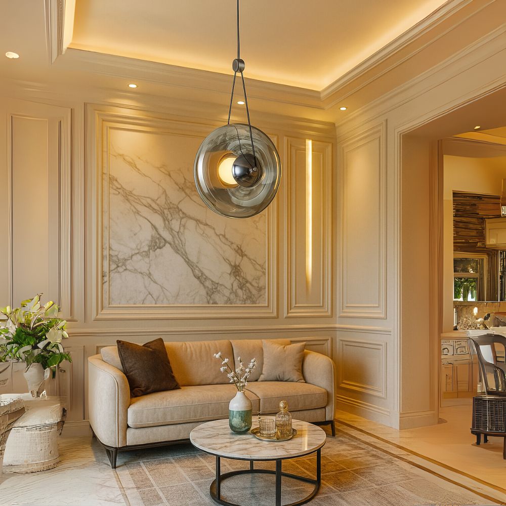 Modern Pearl Black Pendant Light With Smoke Grey and Amber Glass Globe