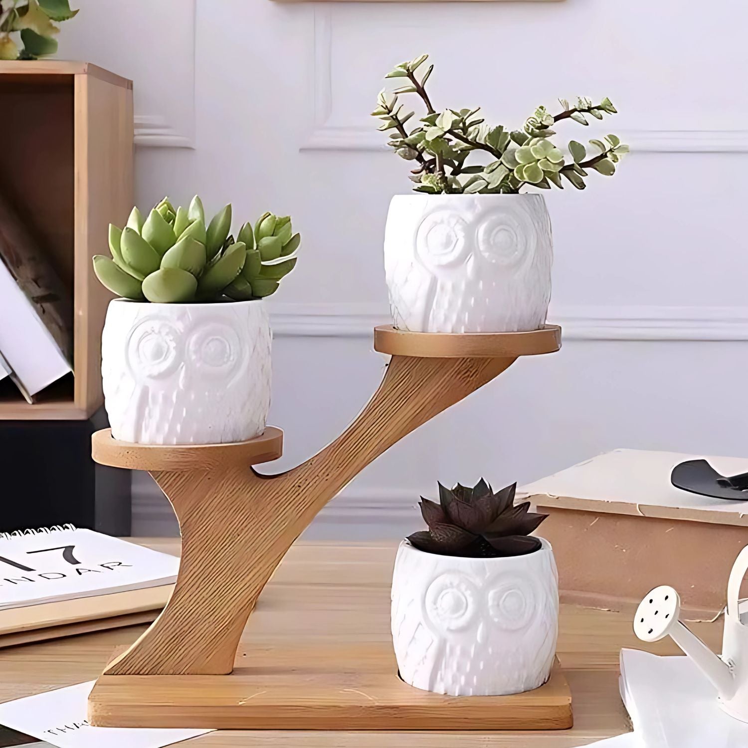 Elegant Multi-Tier Bamboo Plant Stand With 3 Ceramic Owl Planters