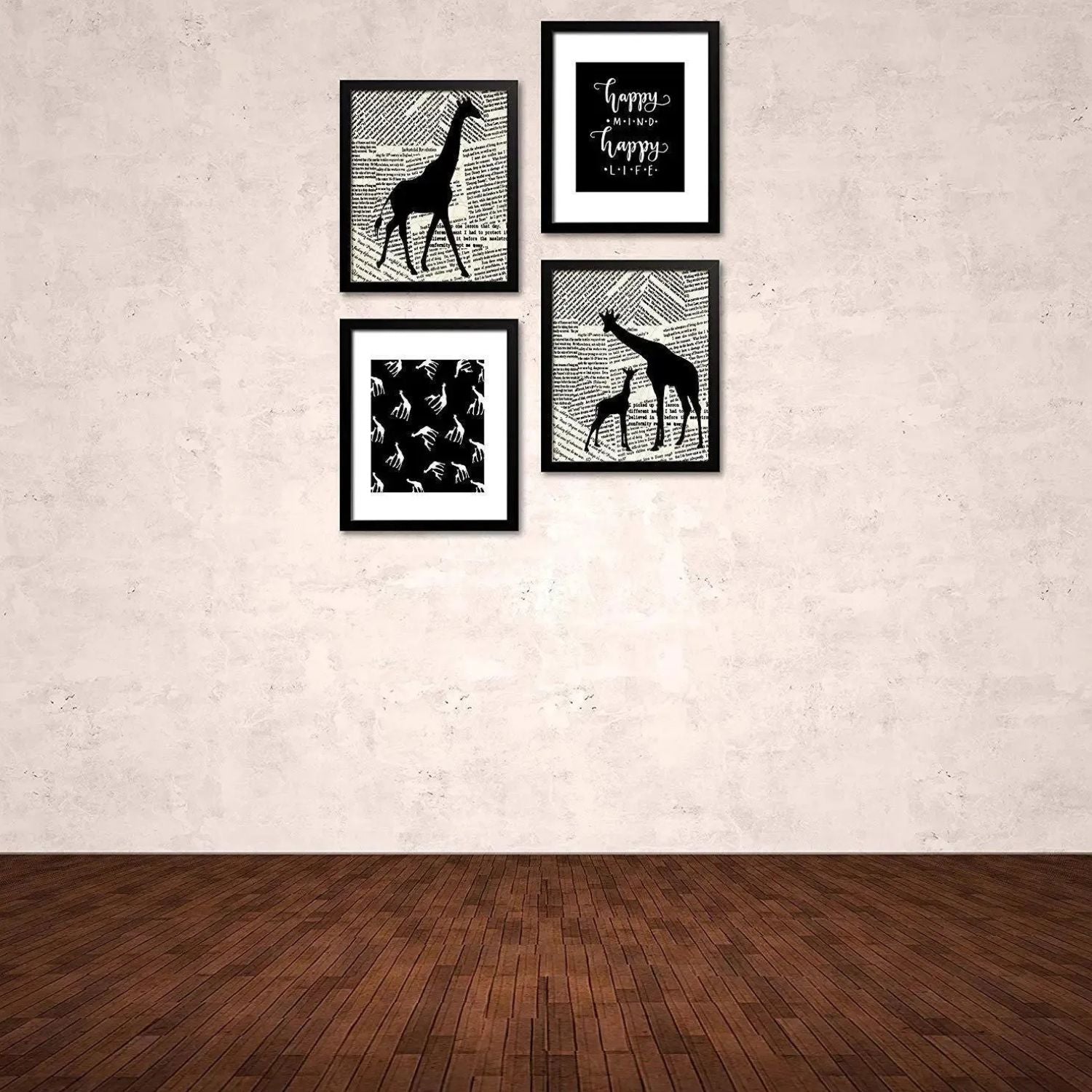 Inspirational Giraffe Silhouette Wall Art Set Featuring Happy Mind & Happy Life