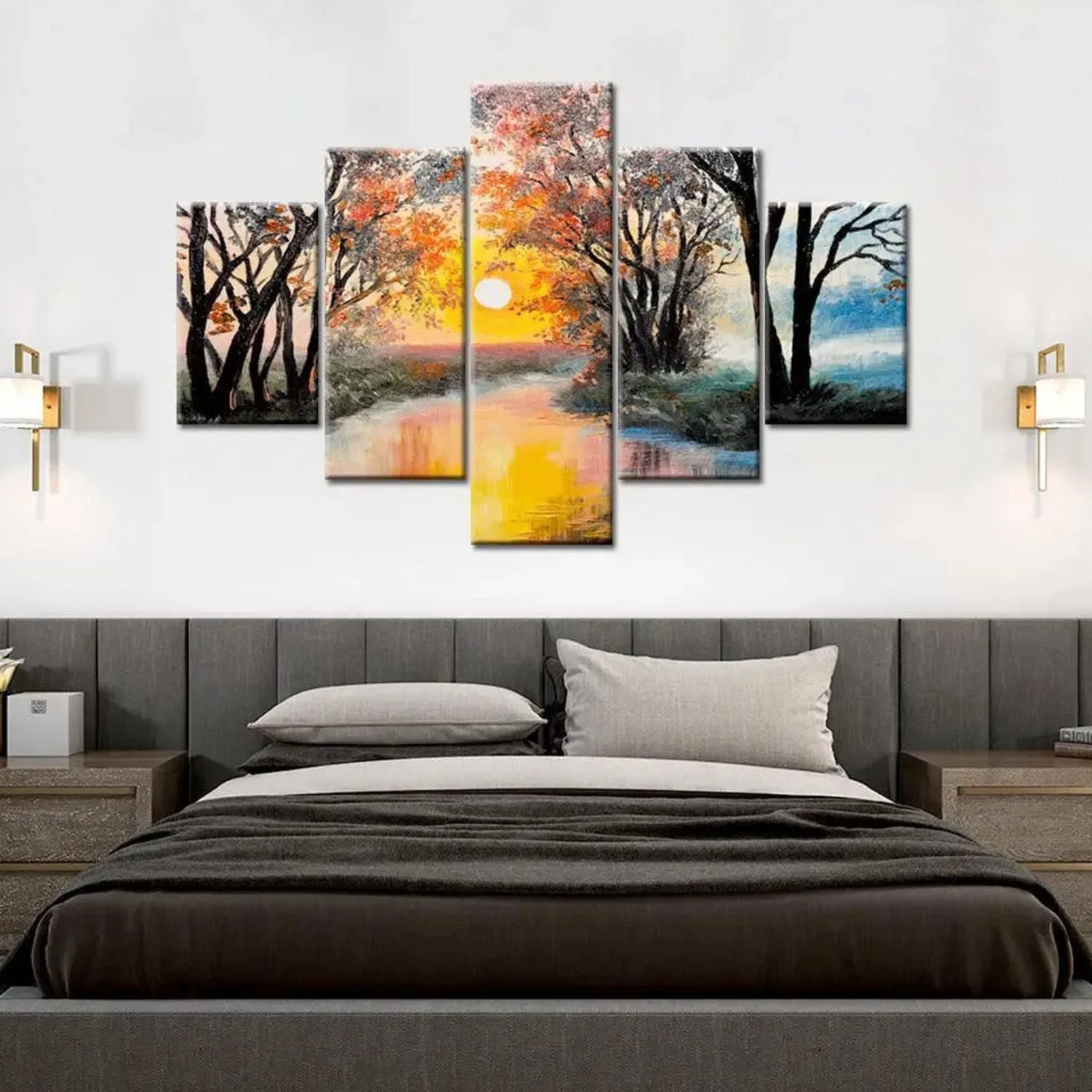 Colorful Autumn Forest River Landscape Canvas Wall Art Set