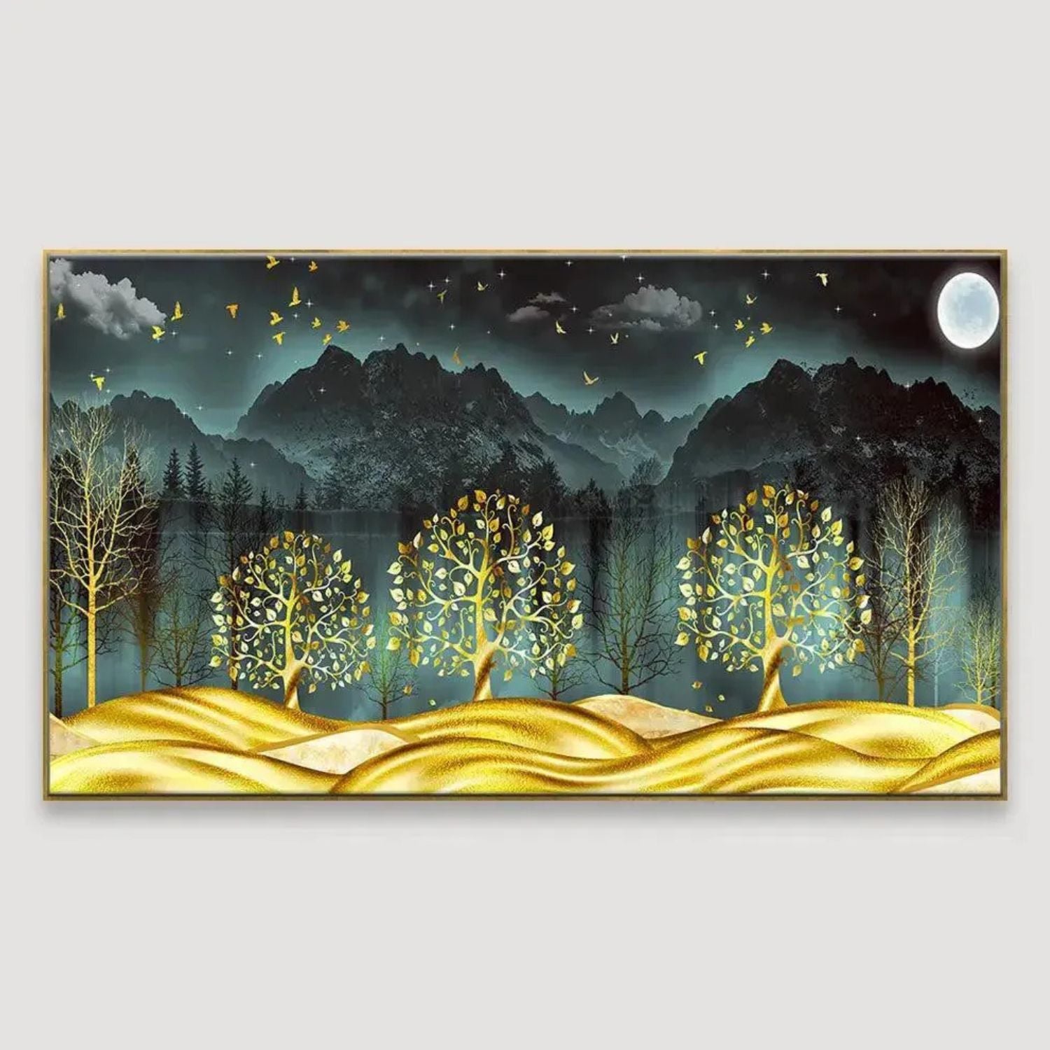 Golden Trees Under Moonlit Mountains Scenic Canvas Wall Art