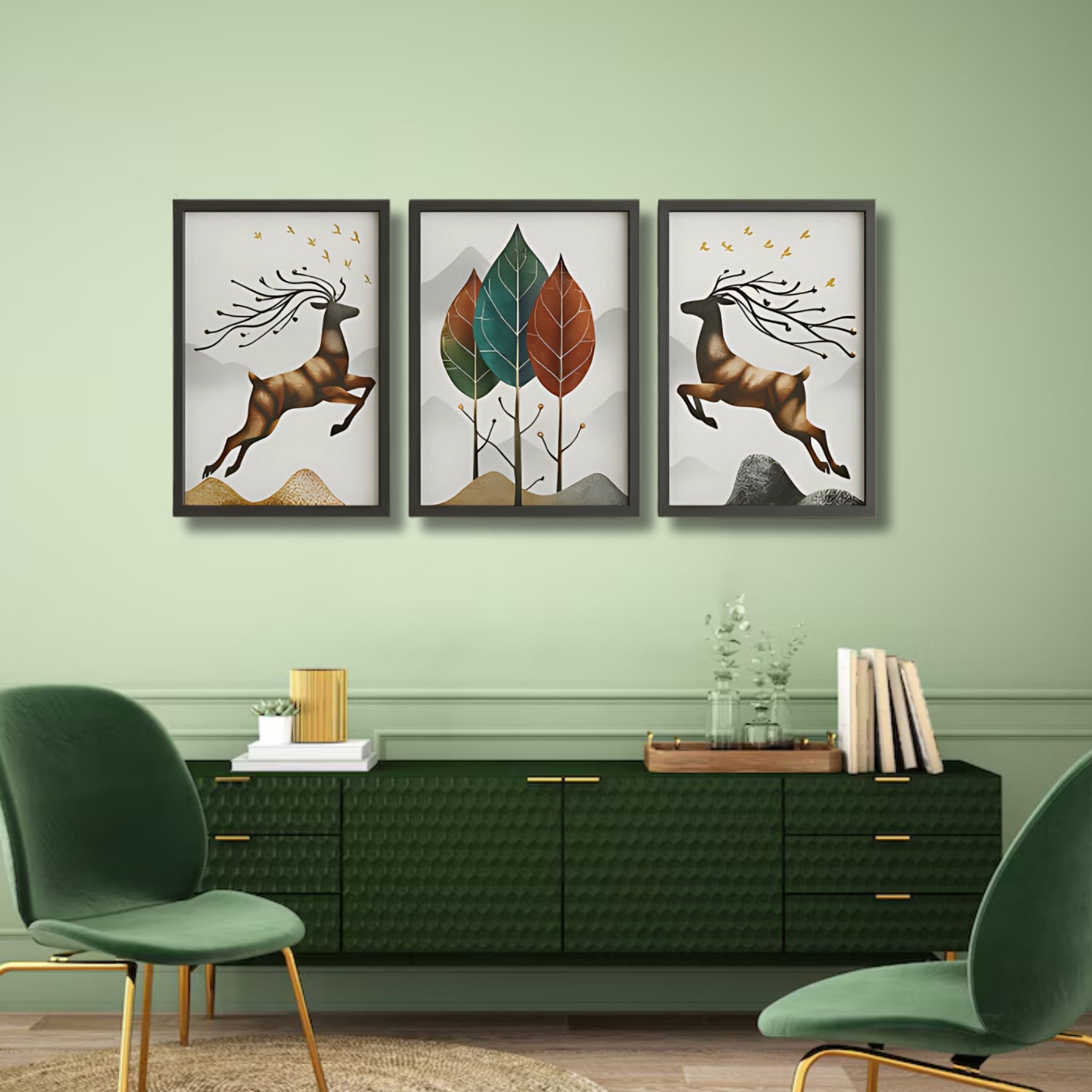 Elegant Nordic Style Deer and Leaf Canvas Wall Art Set
