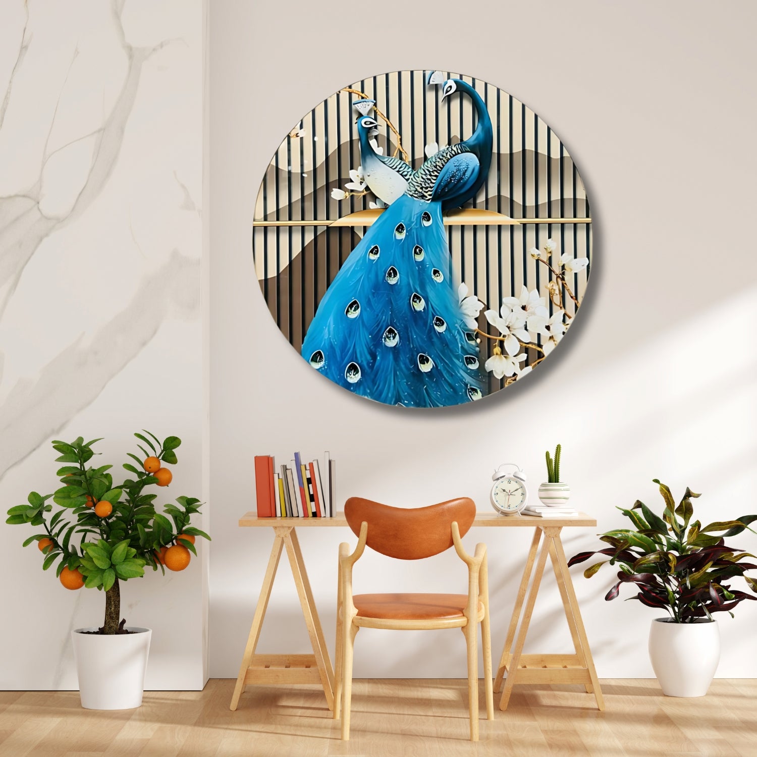 Elegant Round Wall Art With Royal Peacock Design For Home Decor