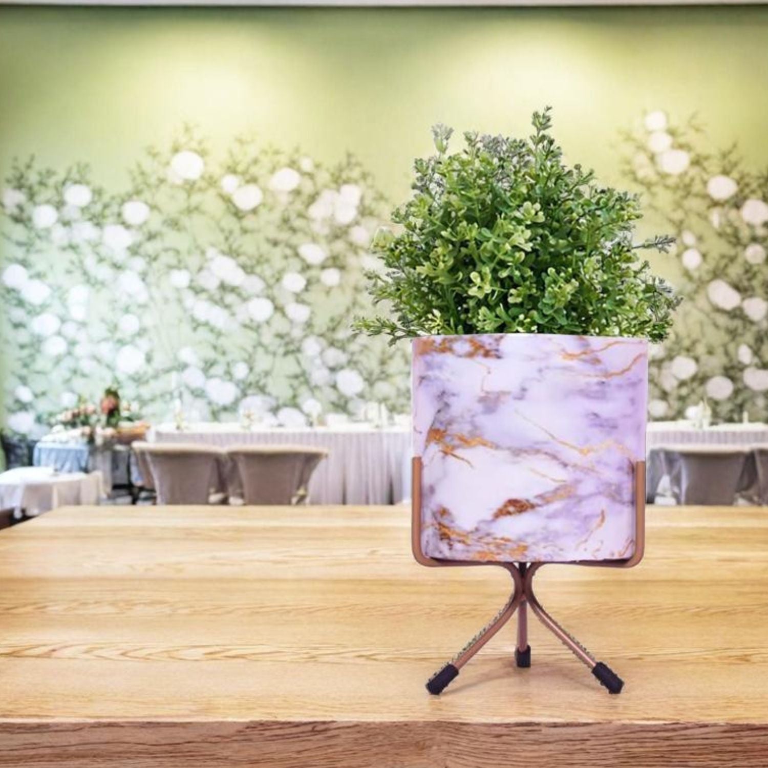 Elegant Round Tabletop Pot - Blue Marble Print with Stand - Nestern