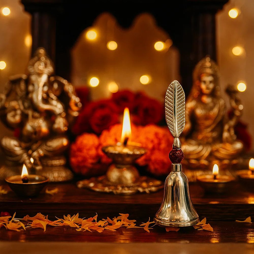 Silver Plated Rudra Bell With Sacred Rudraksha For Puja Rituals