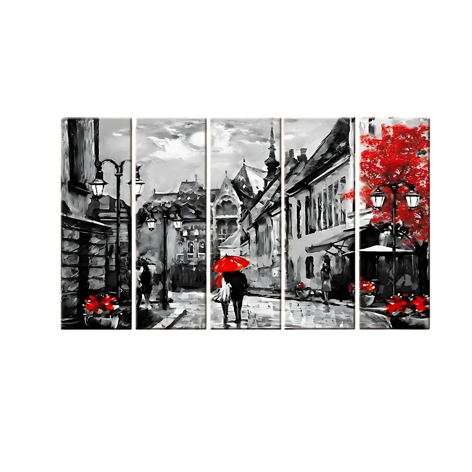 Romantic Couple Red Umbrella Cityscape Canvas Wall Art