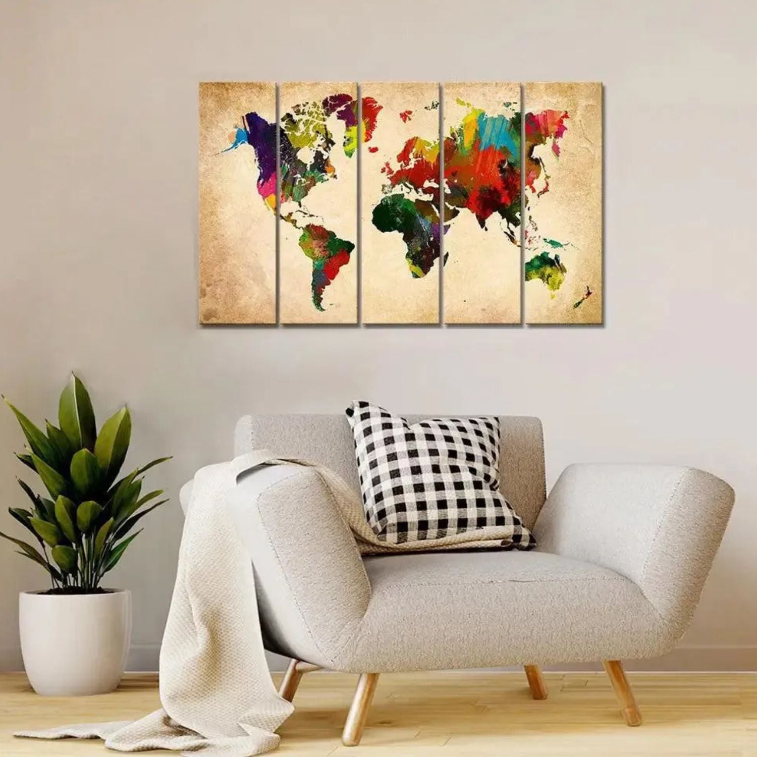 Elegant Colorful World Map Canvas Wall Art With Wooden Panels