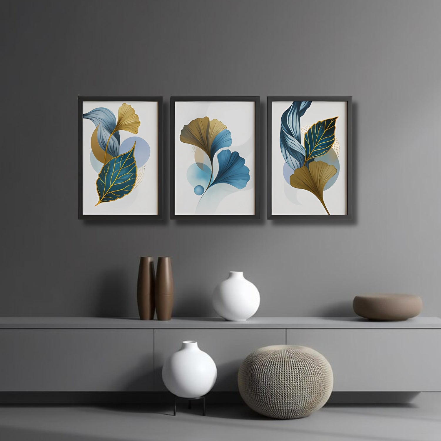 Modern Blue and Gold Abstract Leaf Canvas Wall Art Set