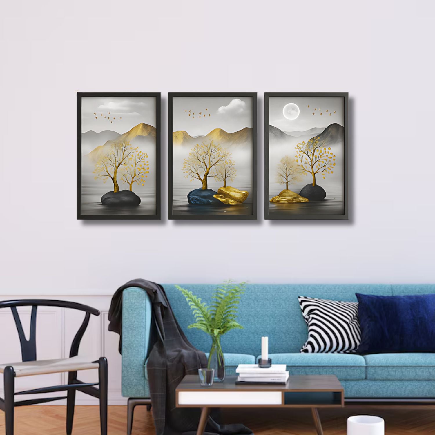 Elegant Golden Tree Landscape Canvas Wall Art Set With Mountain View
