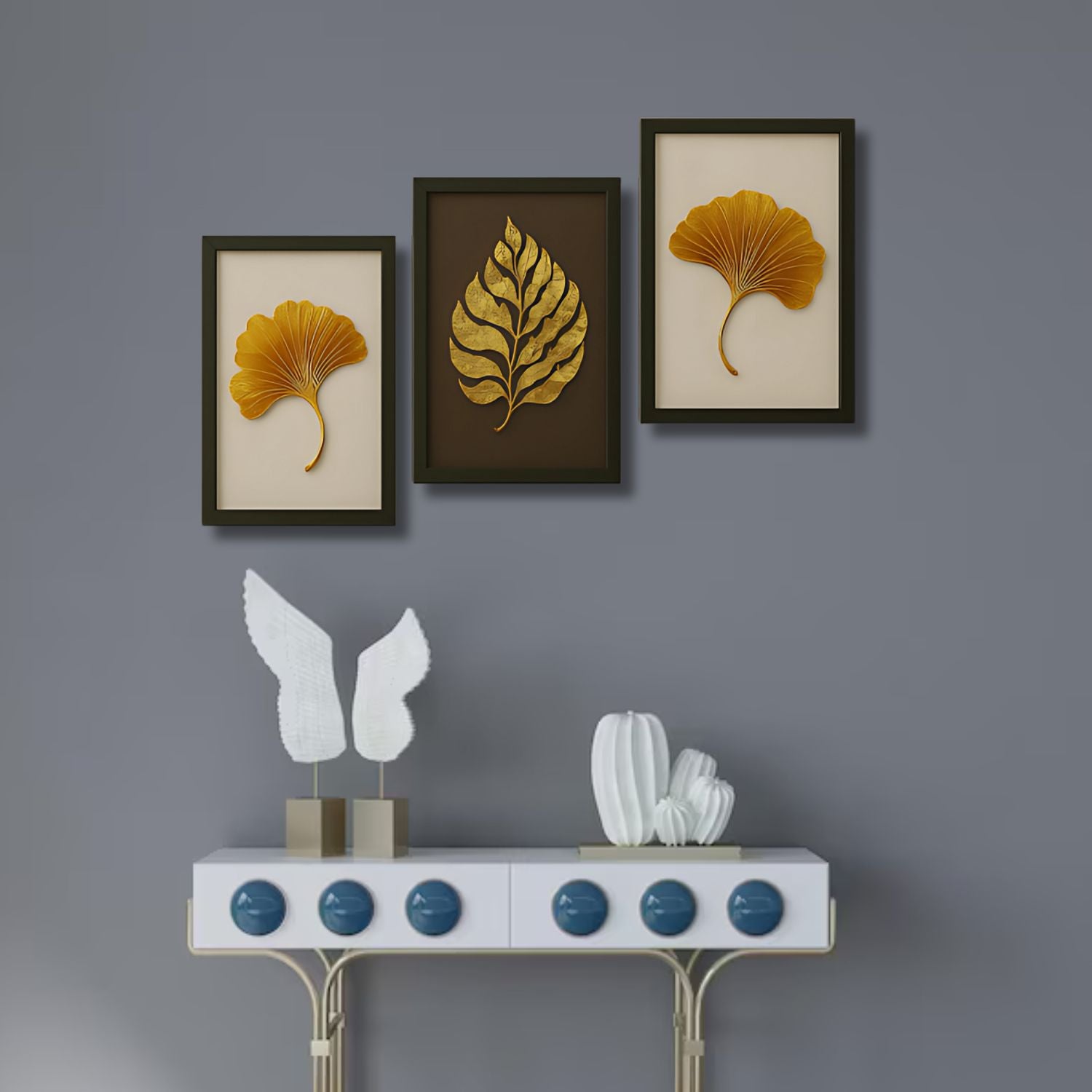 Luxury Gold Leaf Wall Art Set - 3 Framed Metallic Botanical Prints