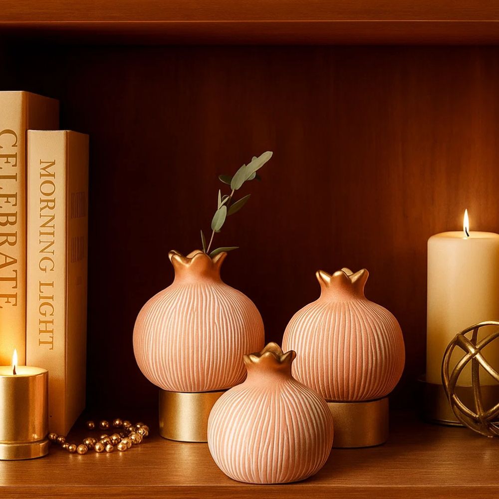 Elegant Pomegranate Jewel Vase Set With Silver & Red Golden Crown Accents