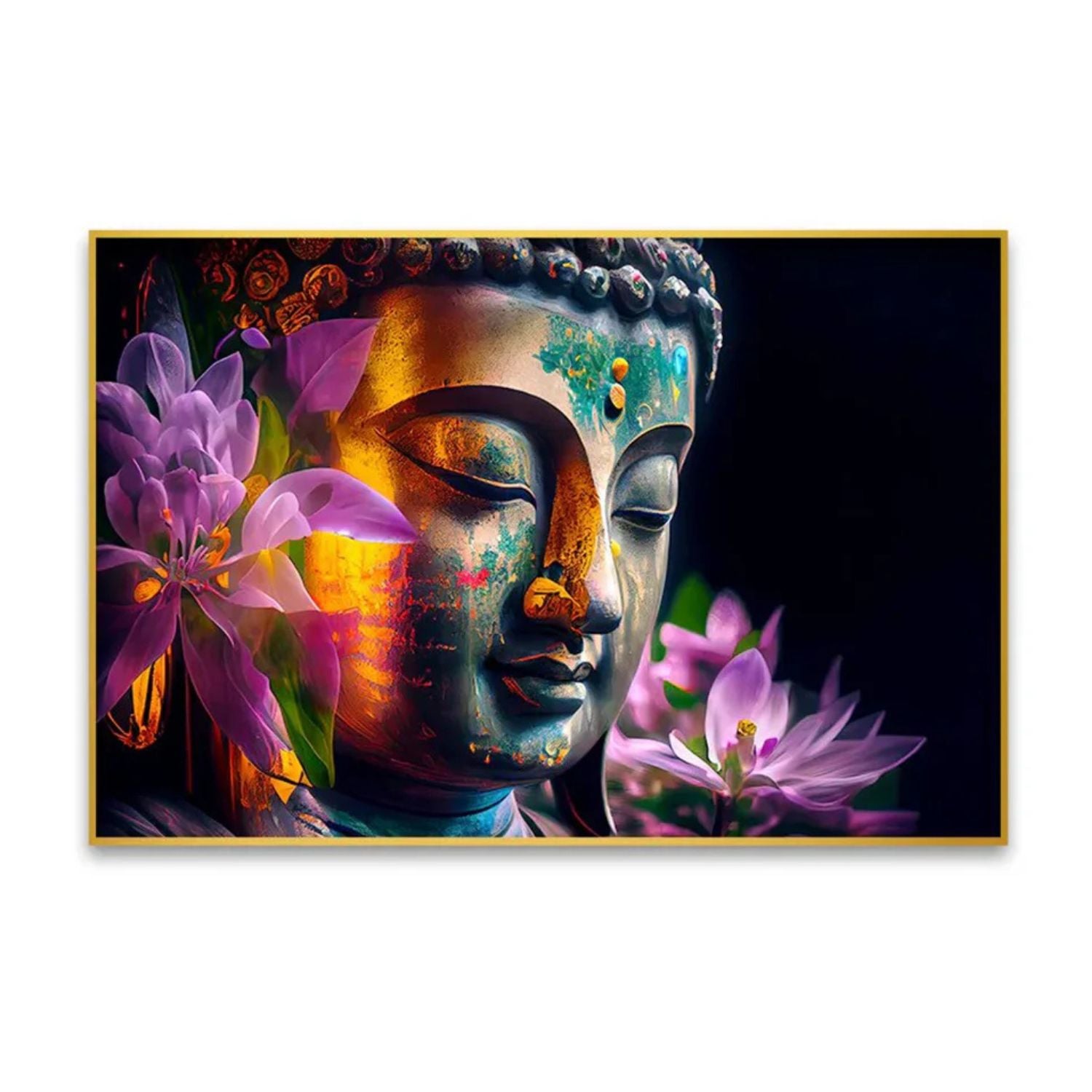 Serene Buddha Portrait With Blossoming Flowers Canvas Wall Art