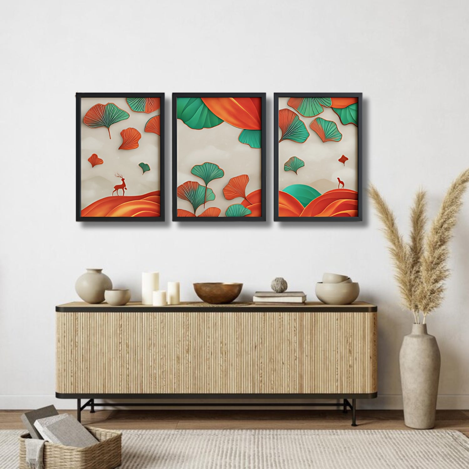 Abstract Colorful Ginkgo Leaf and Deer Canvas Wall Art Set of 3