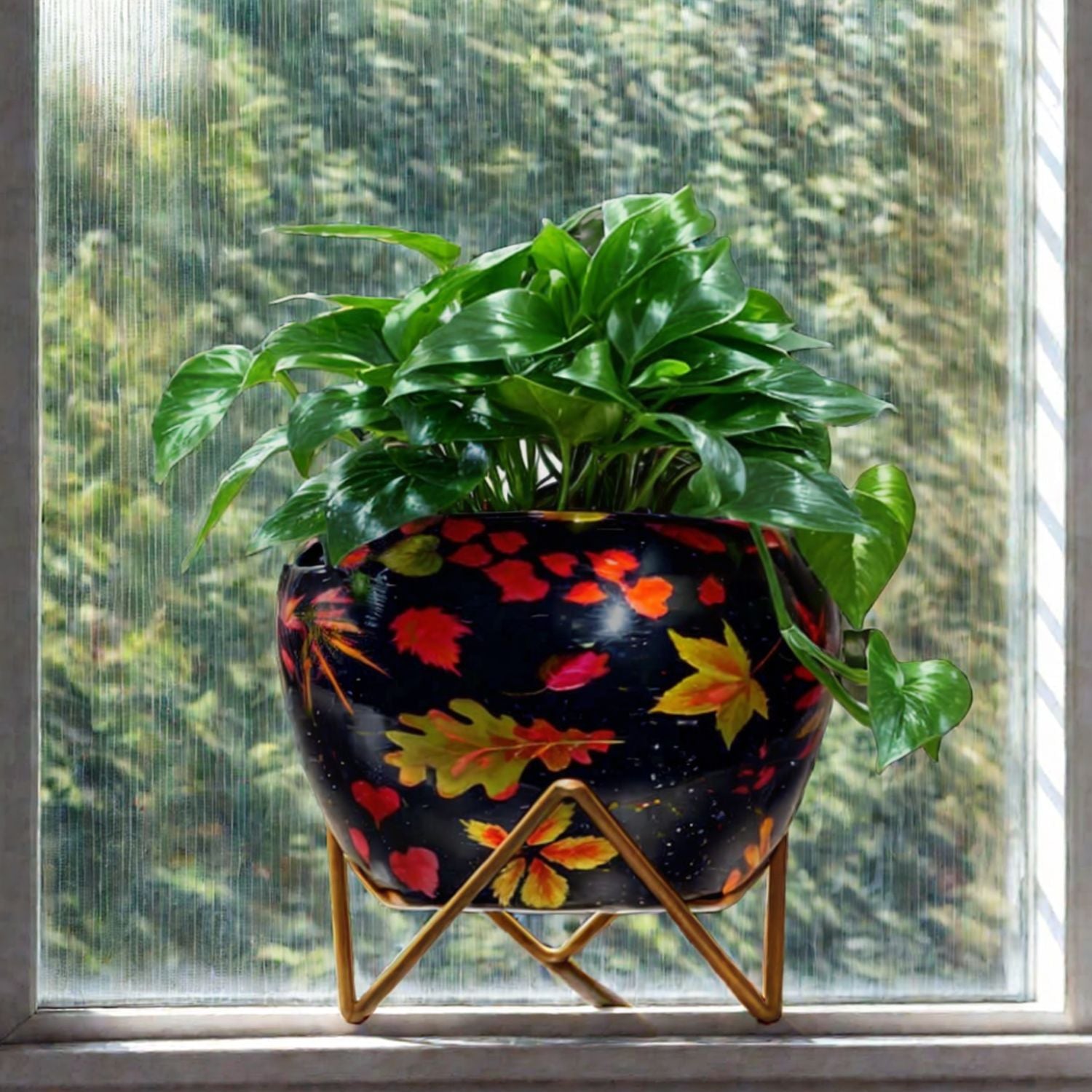 Vibrant 5" Orchid Pot - Yellow Leaf Print Design with Stand - Nestern