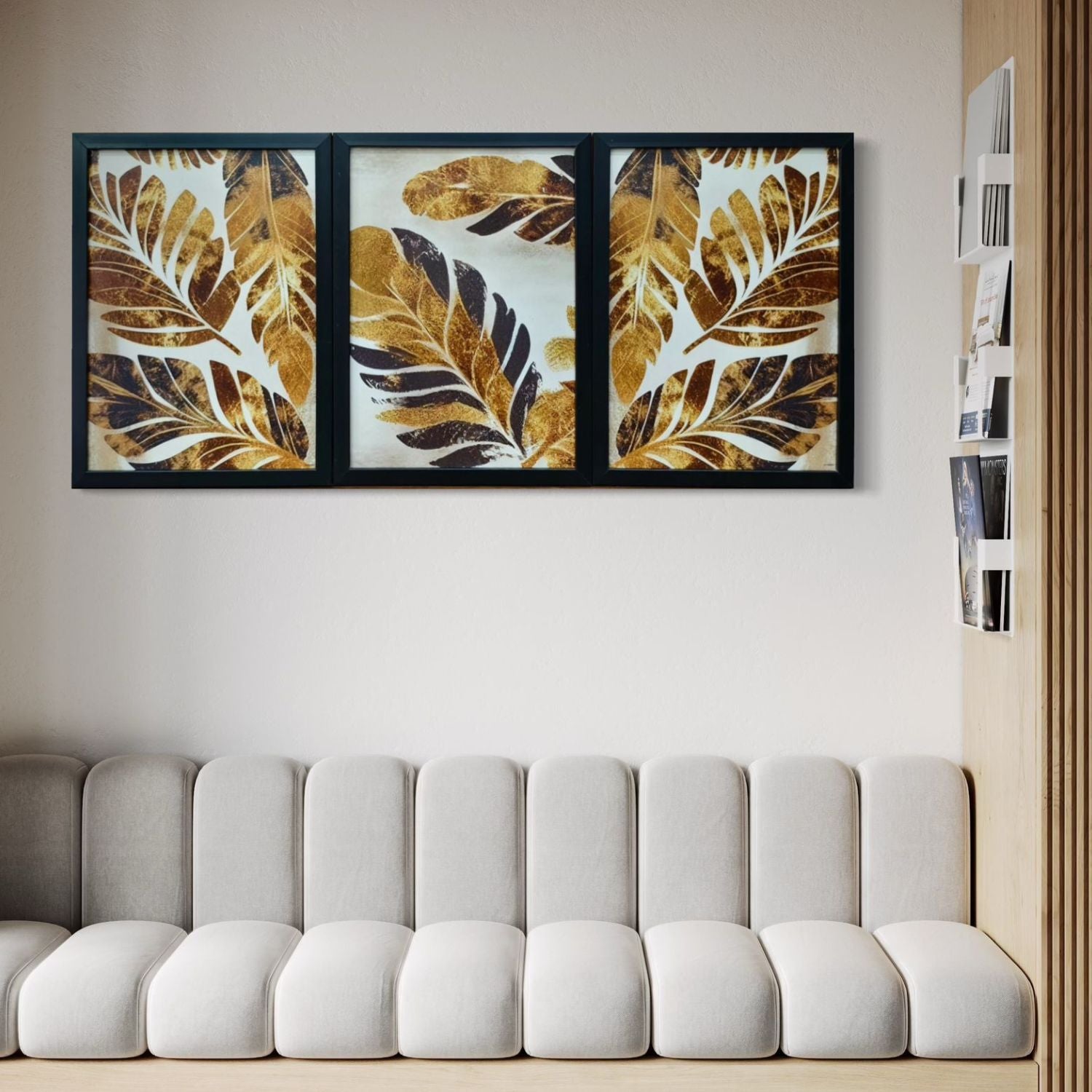 Abstract Golden Leaf Wall Art Set - 3 Framed Botanical Prints for Decor