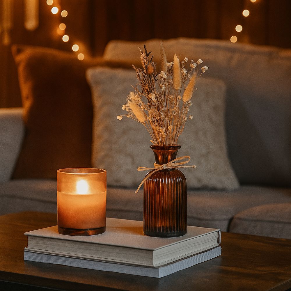 Rustic Bloom Dried Floral Arrangement in Brown Glass Jar - Gift Set