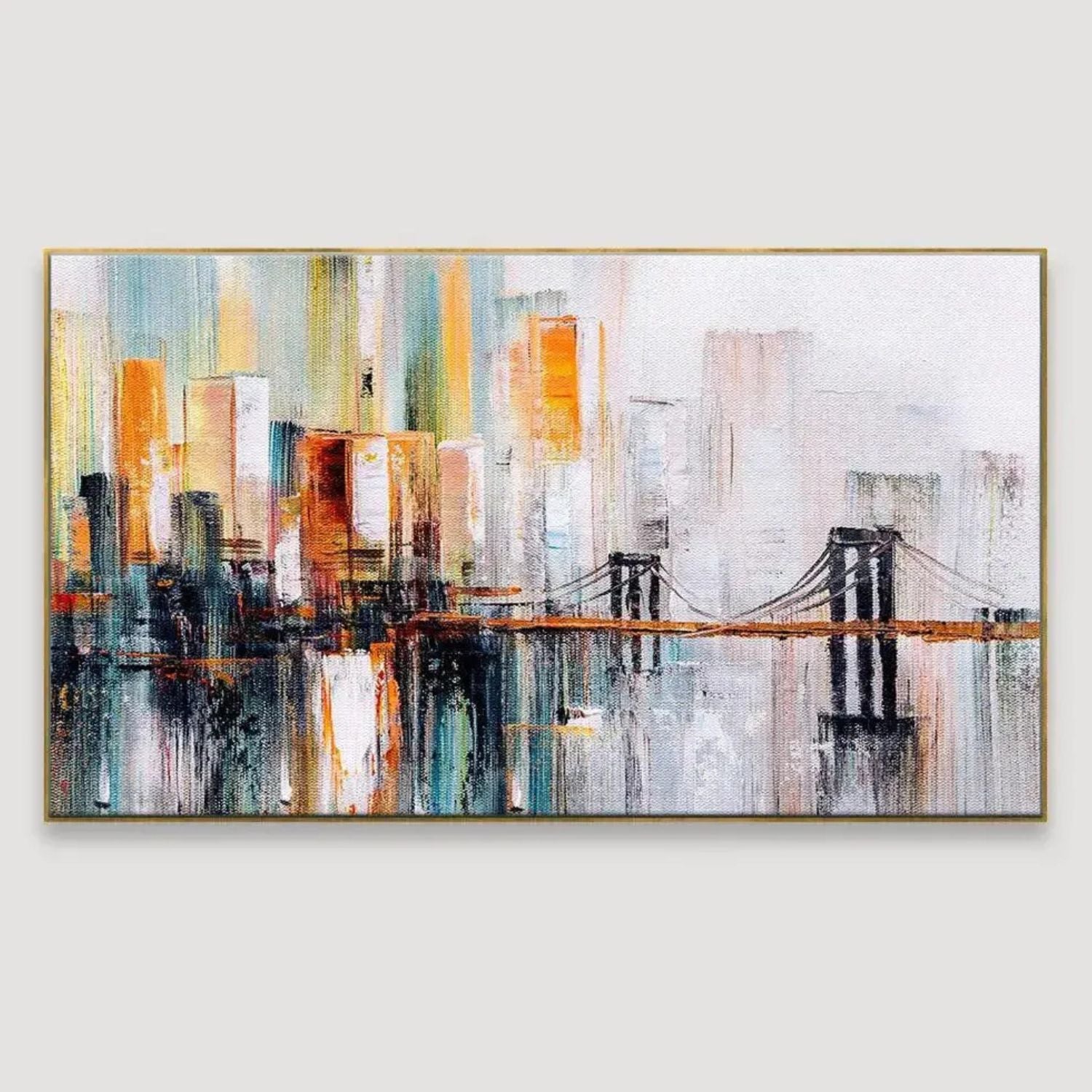 Elegant Abstract Golden Bridge Cityscape Canvas Art For Decor