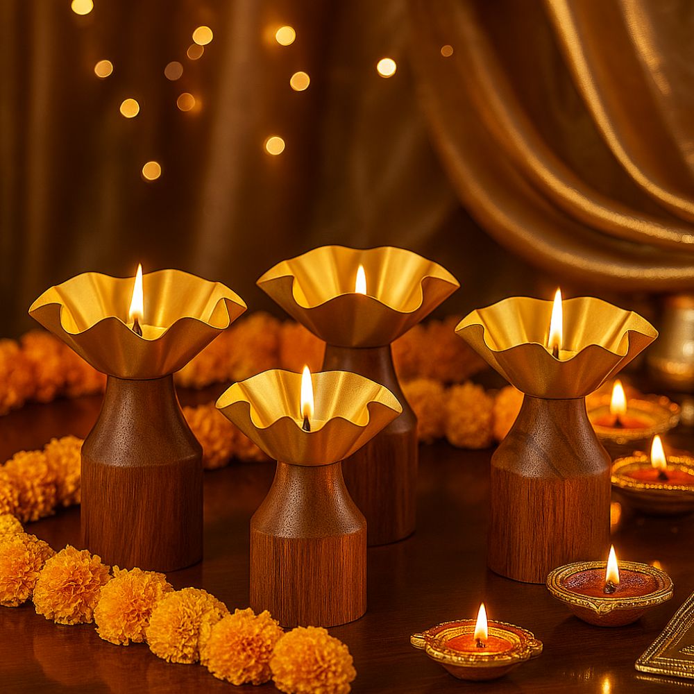 Rustic Charm Wooden Tealight Holders in Diwali Gift Box - Set of 4