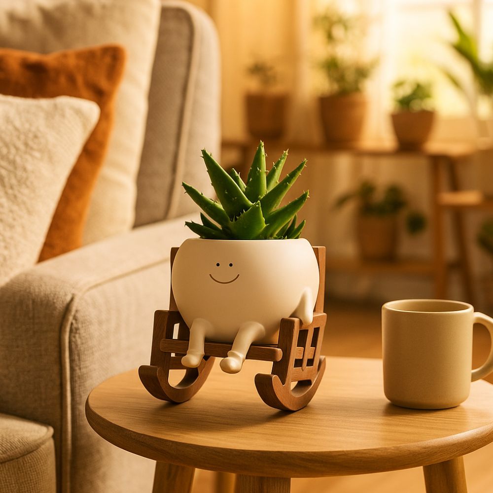 Adorable Swing Planter With Smiley Pot on Wooden Chair