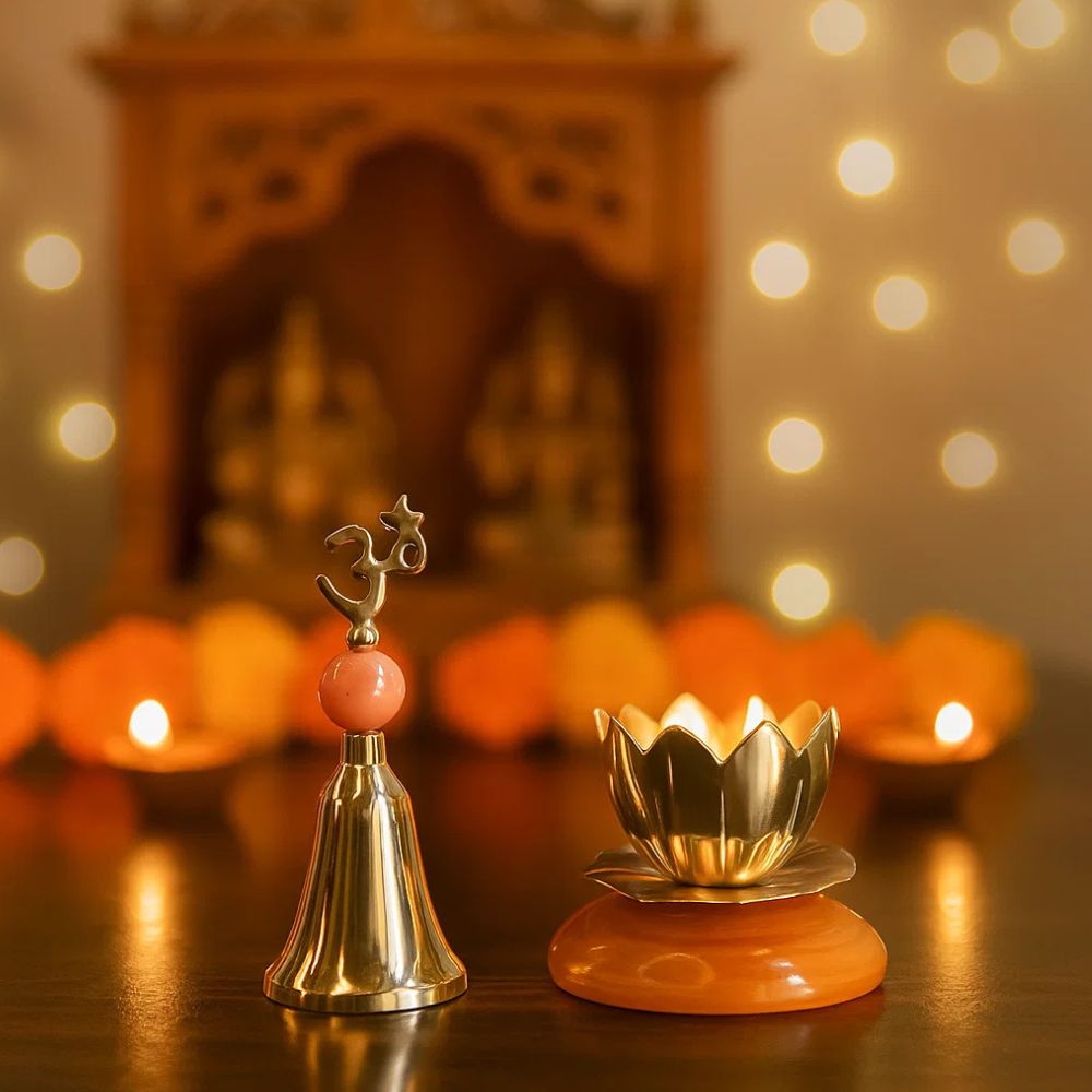 Divine Silver Plated Temple Bell & Shanti Deep Gift Set