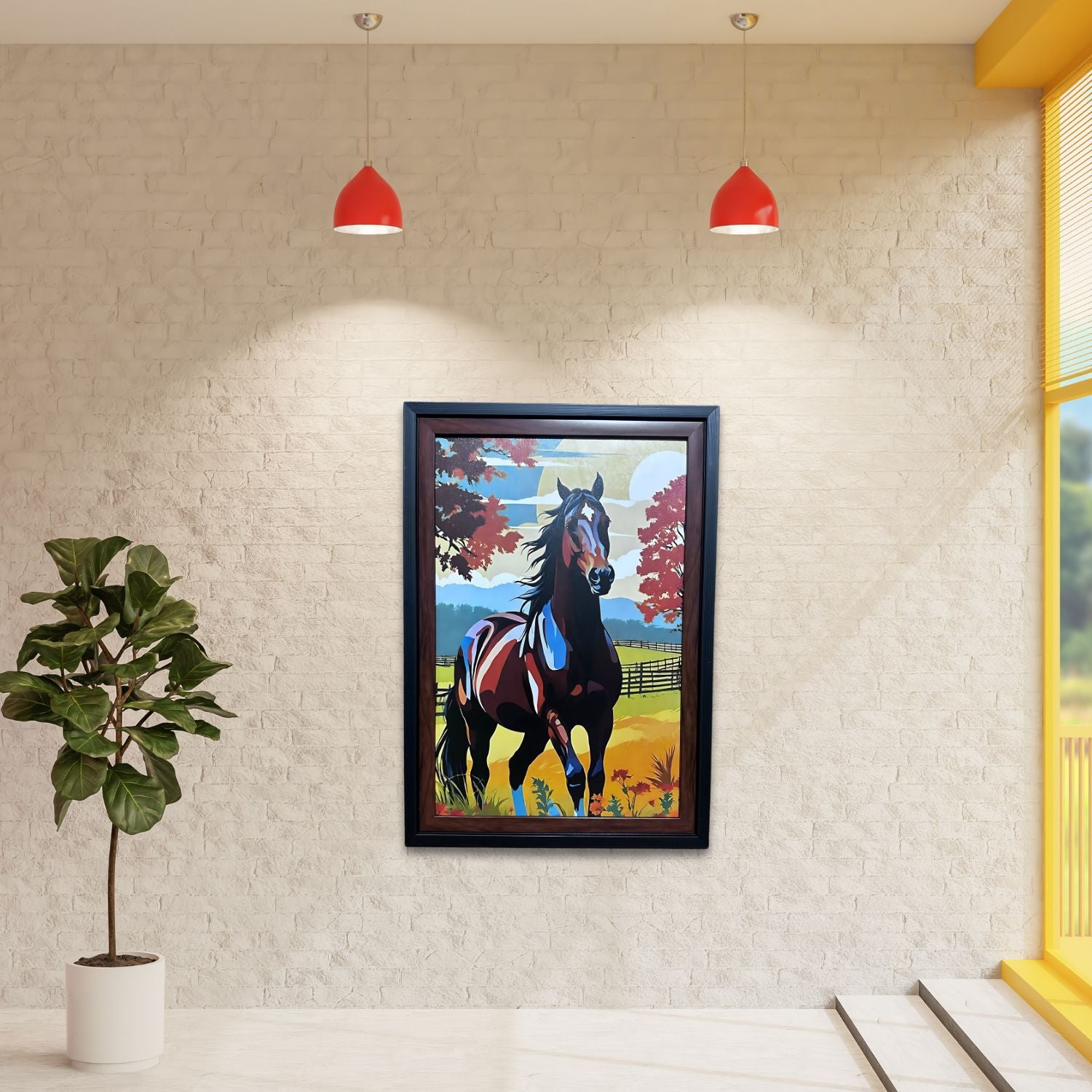 Majestic Horse in Autumn Field - Colorful Framed Farmhouse Wall Art Print