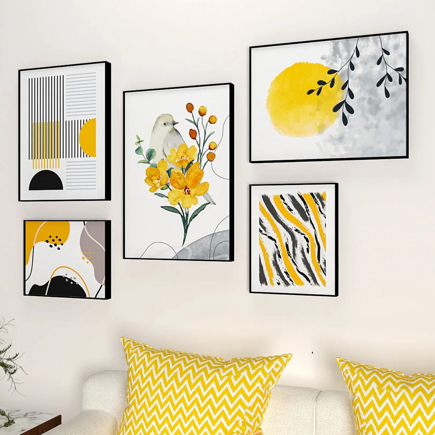 Modern Nature Inspired Abstract Wall Art Set With Bird and Flowers
