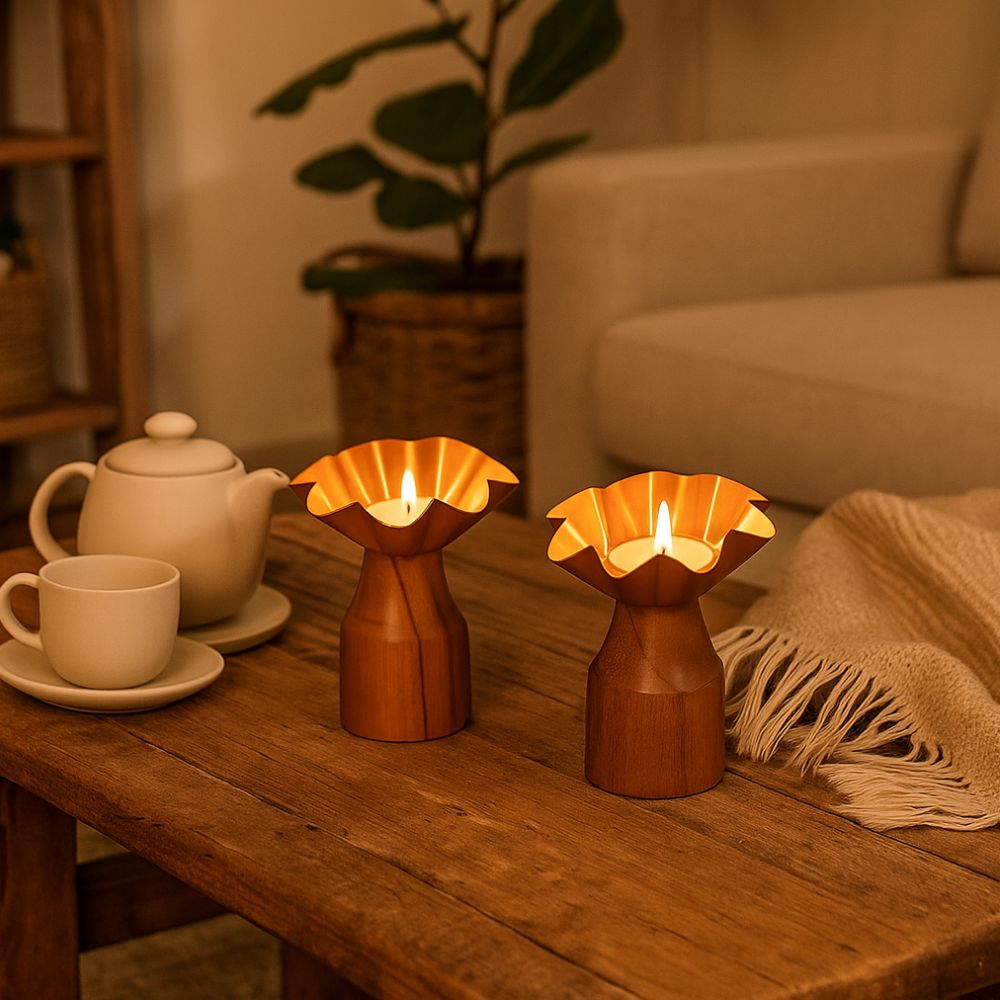 Rustic Bloom Wooden Tealight Holders With Golden Flower Design - Set of 2